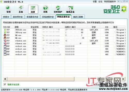 360安全卫士的网络连接状态界面